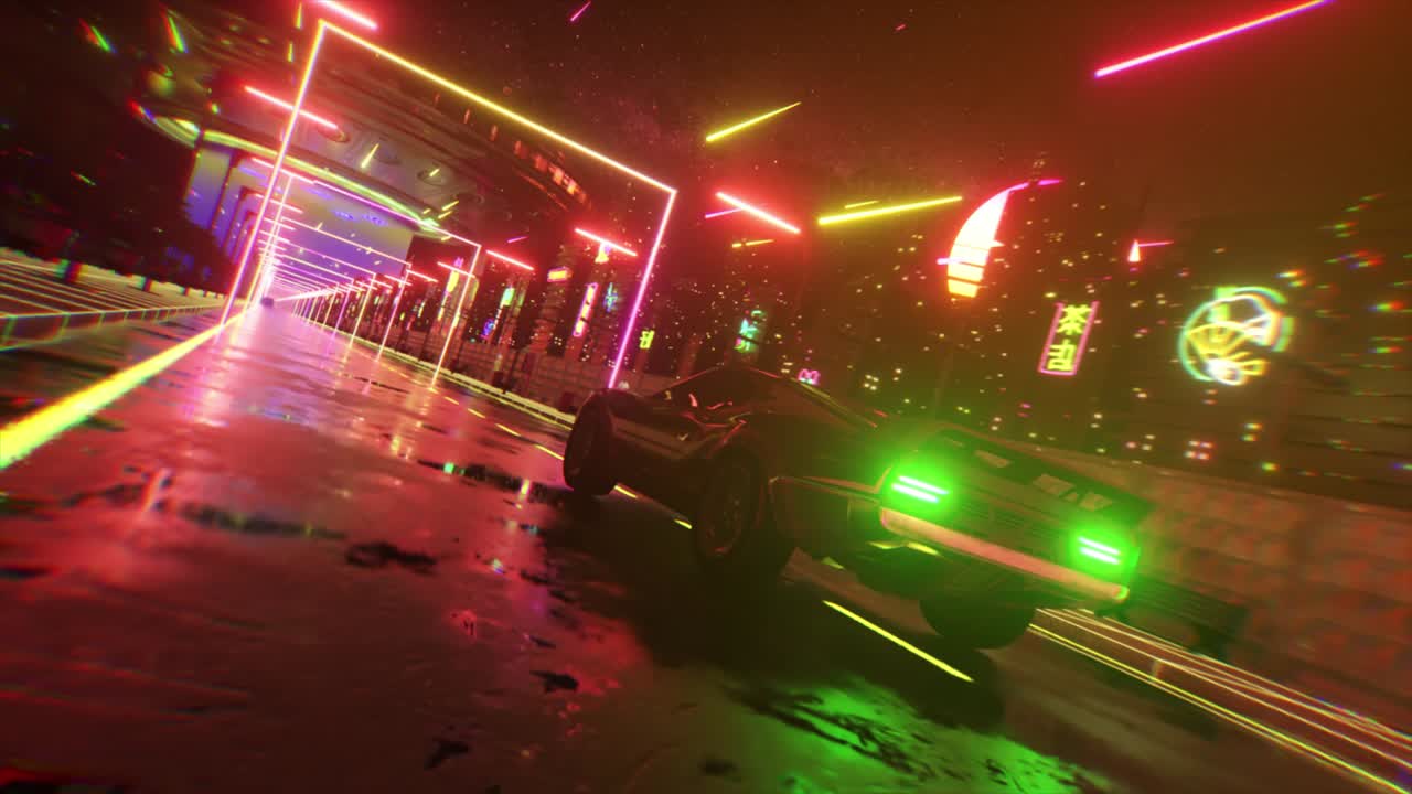 네온 스타일의 자동차와 도시: 80년대 레트로 웨이브 배경 3d 애니메이션: 네온 도시를 가로질러 레트로 퓨처리즘 자동차 드라이브: 시엄리스 루프의 3d 렌더링
