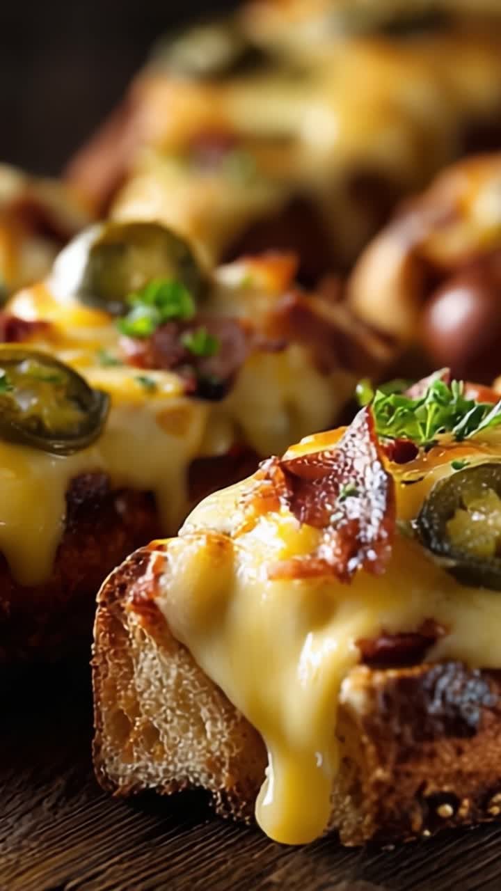 Herkullinen juustoleipä rapealla pekonilla ja jalapeñoilla, tarjoiltuna rustiikkisella puualustalla – täydellinen alkupala mihin tahansa kokoontumiseen tai rentoon ateriaan.
