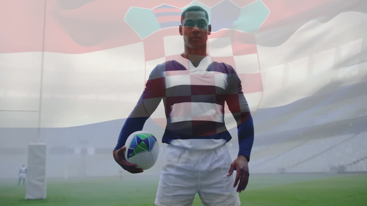 Holding rugby ball, player with Croatian flag animation in stadium