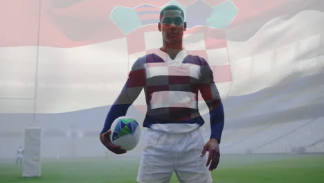holding rugby ball, player with croatian flag animation in stadium