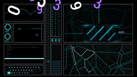 animación de números y procesamiento de datos digitales sobre un fondo oscuro