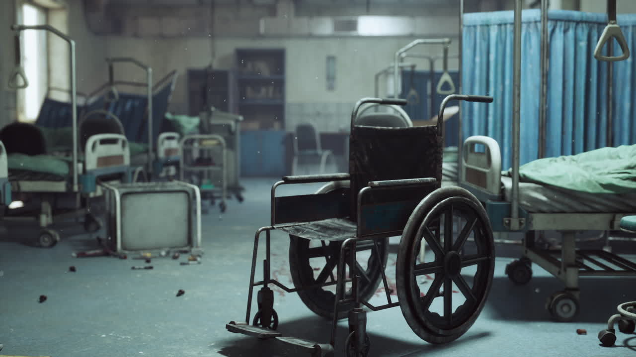 Stanza d'ospedale abbandonata piena di letti vuoti e una sedia a rotelle solitaria.