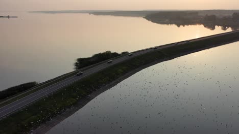 aerial view of causeway at sunset with cars and birds on water