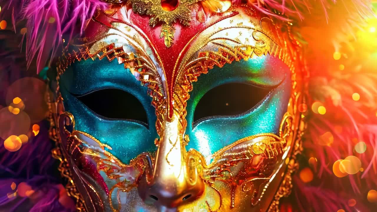 Una maschera di carnevale colorata con piume su uno sfondo colorato