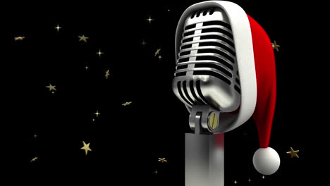micrófono retro con sombrero de navidad sobre estrellas doradas en fondo negro