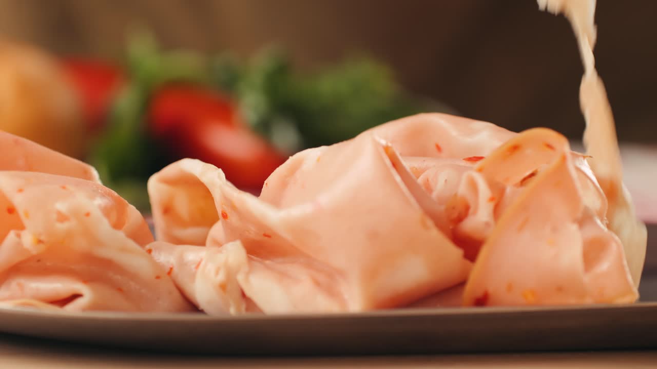 Ham italian mordatella, man Slices Of Traditional Italian antipasti mortadella sausage on a wooden cutting board, close up macro of chicken or turkey jamon, fat breakfast dish.