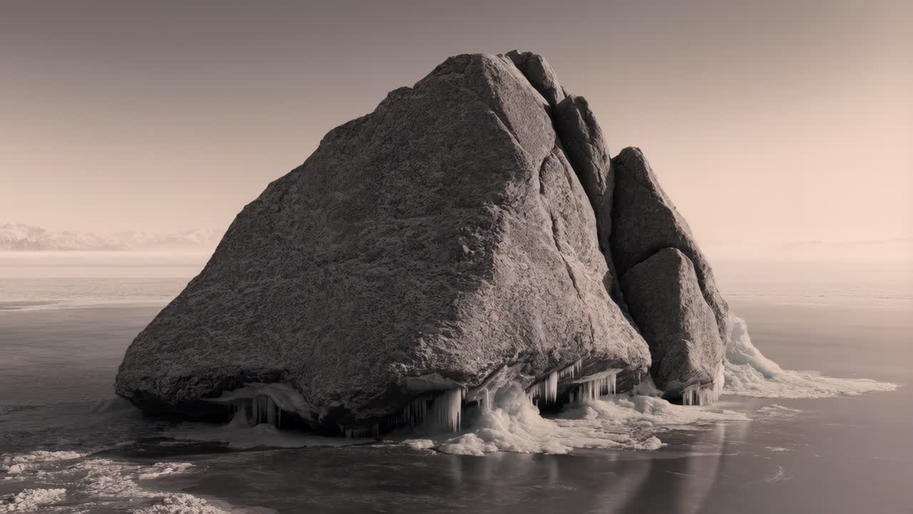 Large Icy Rock Formation in a Frozen Winter Landscape