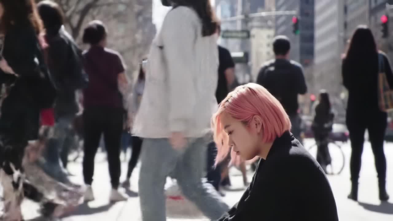 A Contemplative Moment: A Young Woman with Pink Hair Sits Pensively Among a Busy Urban Crowd, Surrounded by the Life and Energy of the City
