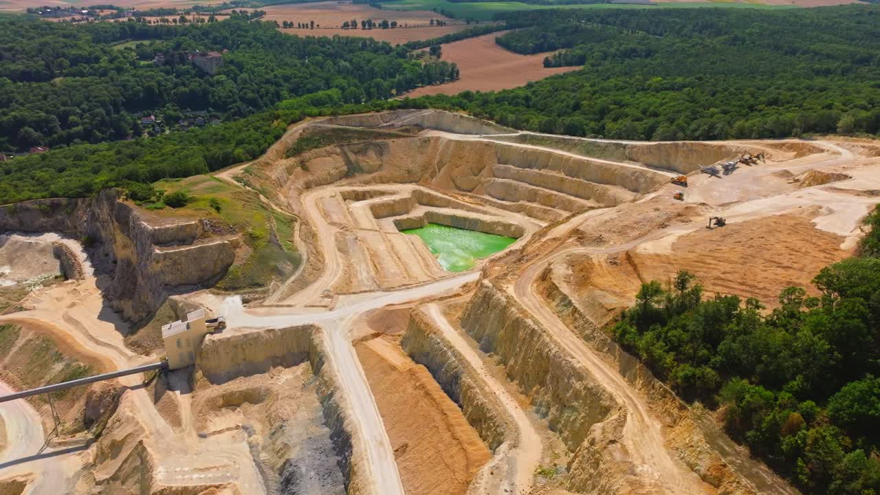 Open Pit Mining With Turquoise Lake - aerial drone shot