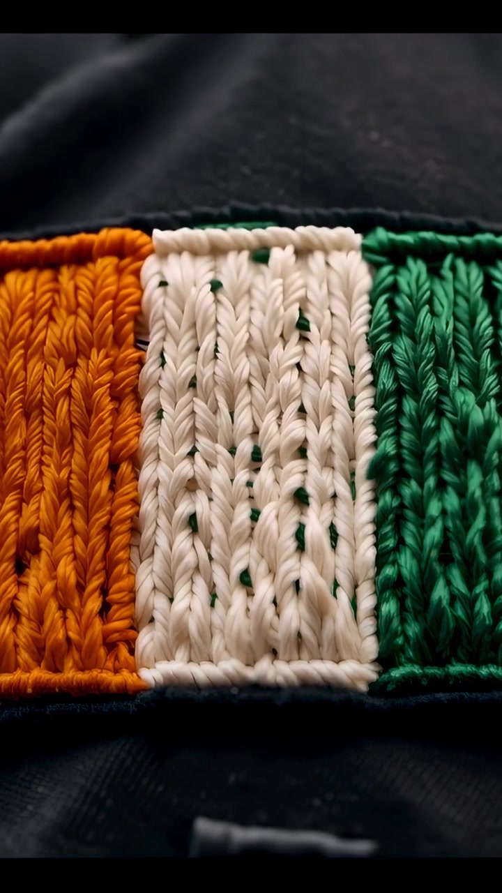 Video verticale: La telecamera si allontana, rivelando una toppa tricolore su un indumento scuro con cucitura ed etichetta.