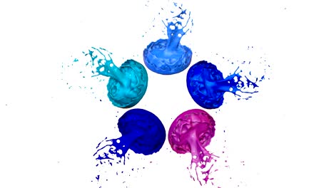 las pinturas bailan con la desaceleración del tiempo en fondo blanco. simulación de salpicaduras 3d de tinta en un altavoz musical que reproduce música. salpicadures como un fondo brillante en ultra alta calidad 4k. tonos de azul 9