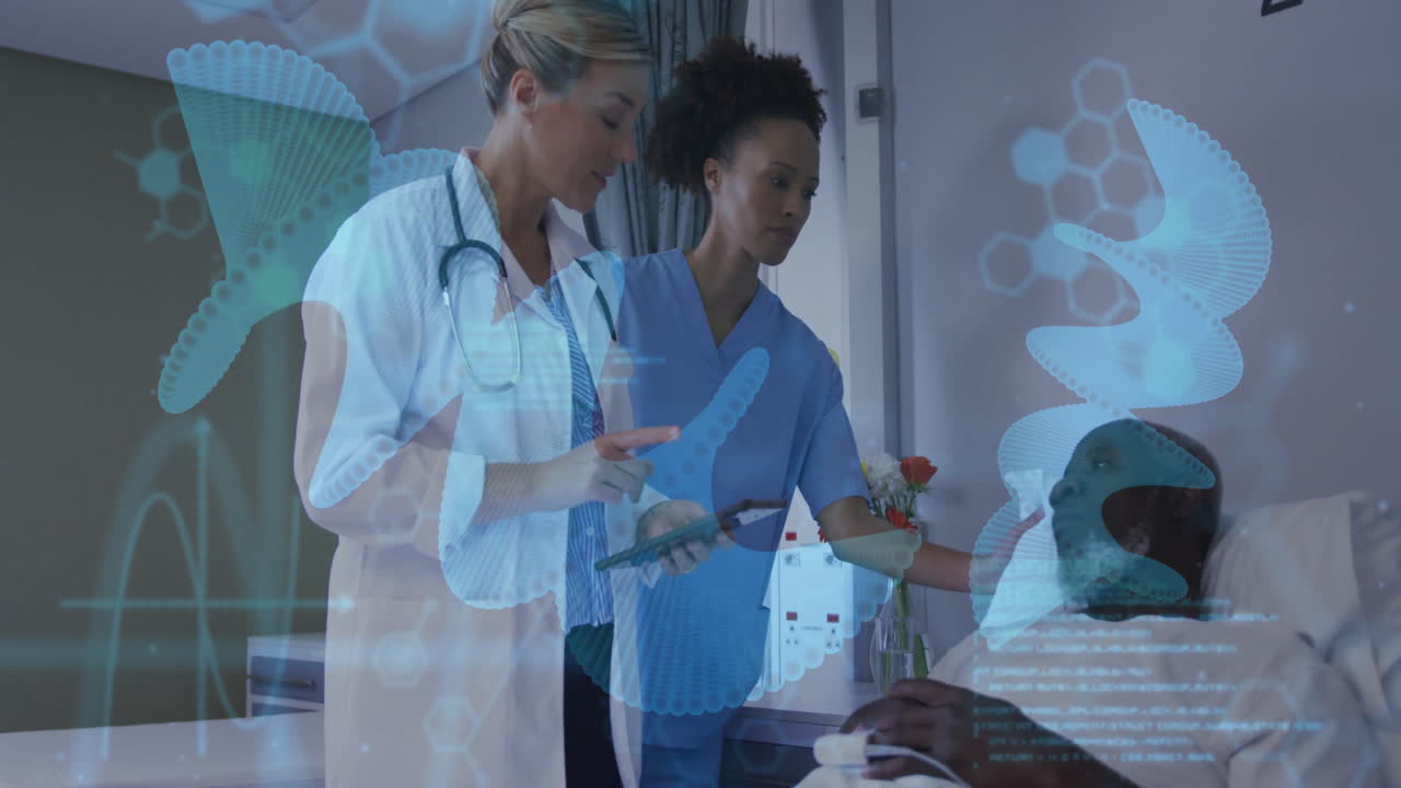 Female doctor pointing tablet in hospital room, nurse placing hand on patient, data graphs floating