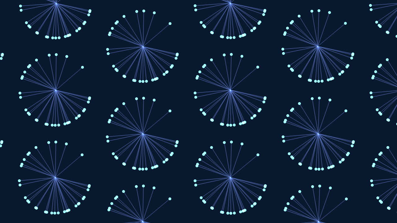 An abstract design featuring blue and yellow circles and lines. Circles form a circular layout, while lines create a zigzag pattern, adding visual interest