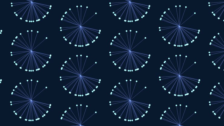 An abstract design featuring blue and yellow circles and lines. Circles form a circular layout, while lines create a zigzag pattern, adding visual interest