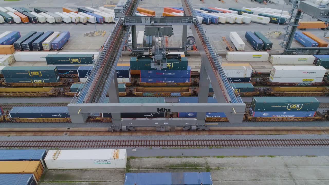 4K Drone Video of Trains and Trucks at CSX Intermodal Train Yard in Winter Haven, FL