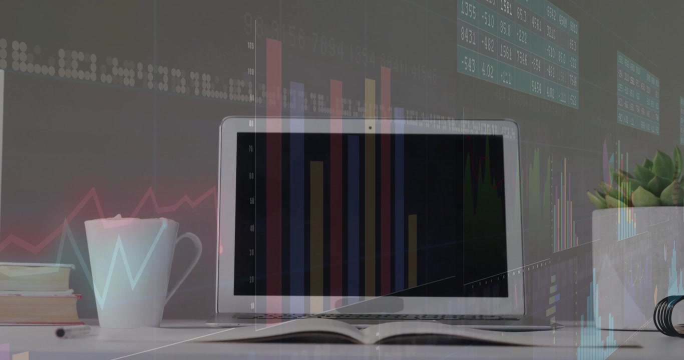 Vid uppspelningsstart förvandlar laptops skärm staplar till stapel- och linjediagram som visualiserar marknadstrender