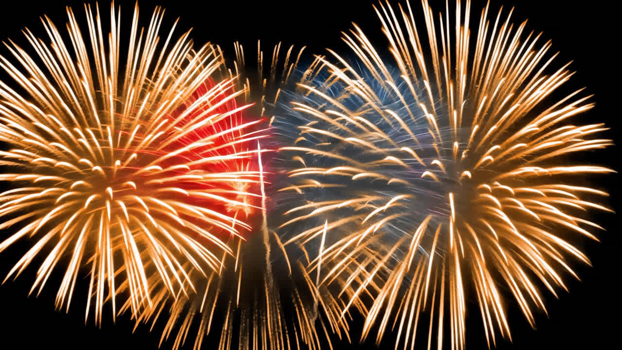 Vibrant fireworks illuminate night animated overlay, transparent 4K video, alpha channel, ProRes