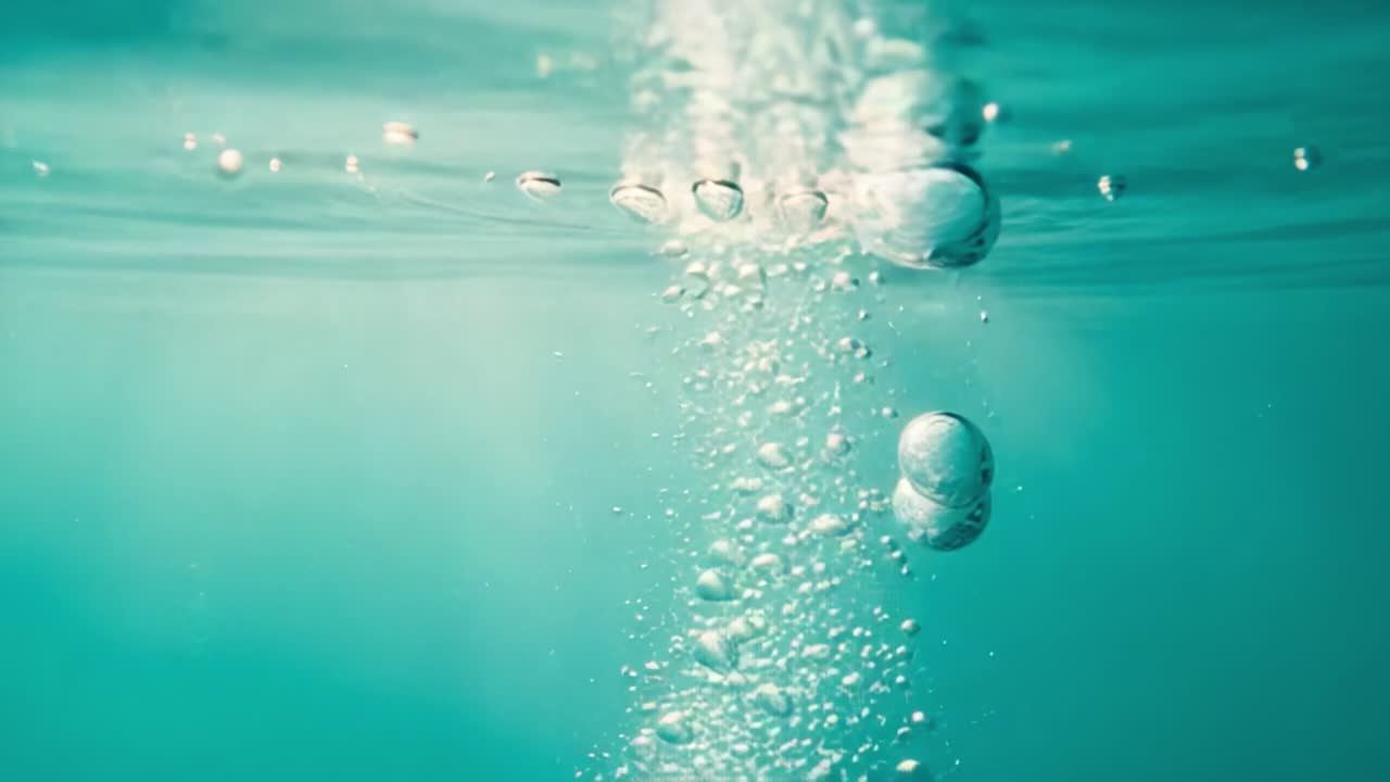 A mesmerizing underwater scene depicting bubbles rising elegantly through shimmering turquoise waters, capturing the serene beauty of the aquatic environment