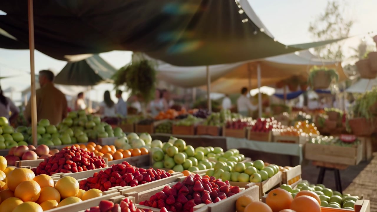 Weitwinkelansicht von frischem Obst und Gemüse, statisch in Holzkisten unter Vordächern auf einem lokalen Markt ausgestellt, wodurch eine helle und lebendige Atmosphäre mit einer Aufnahme aus niedriger Perspektive entsteht.