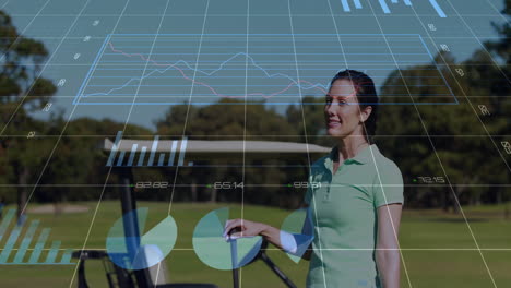 mature woman golfer standing on golf course displaying tech data graphs floating above fairway