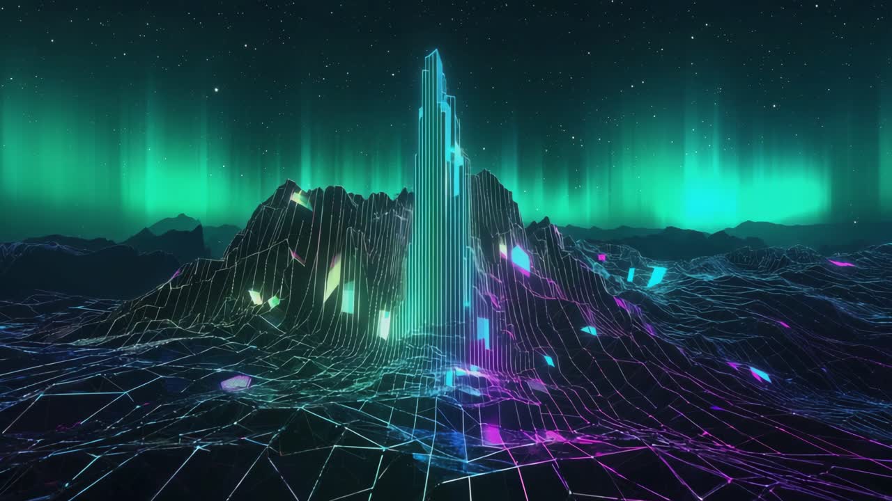 Abstract Neon Landscape with Aurora