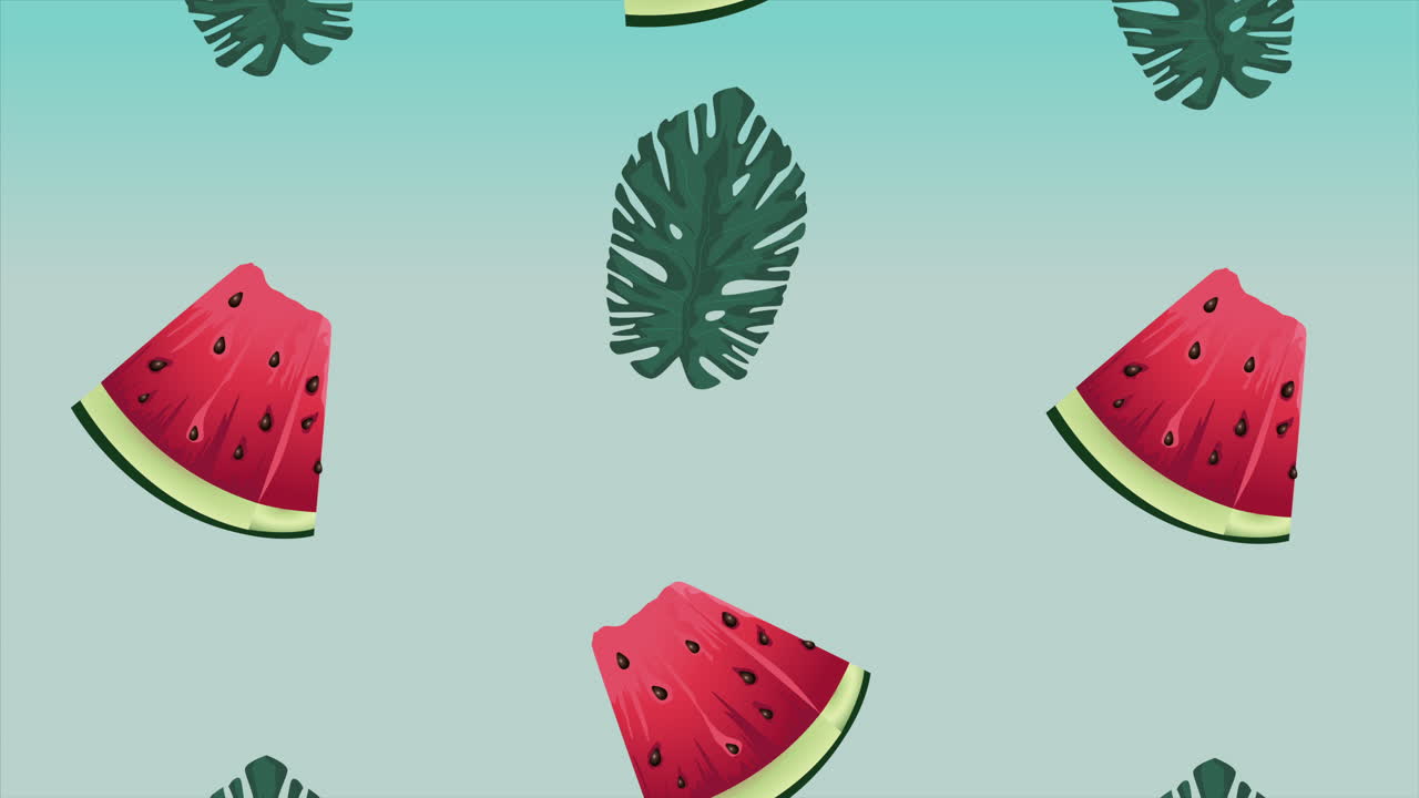 poster de vacaciones de verano con hojas tropicales y sandías de fondo