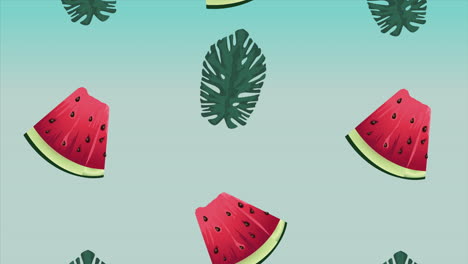 hello summer holiday poster with tropical leafs and watermelons background