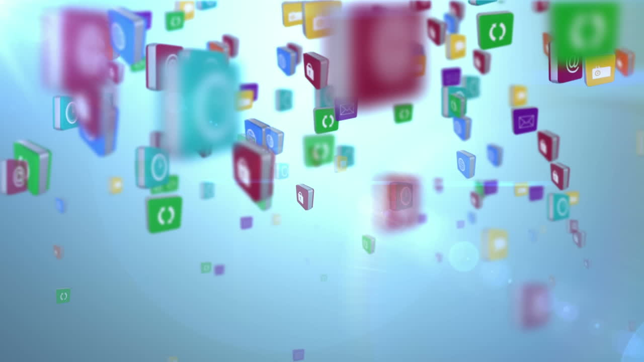 Animation of multiple floating icons and lens flare against blue background