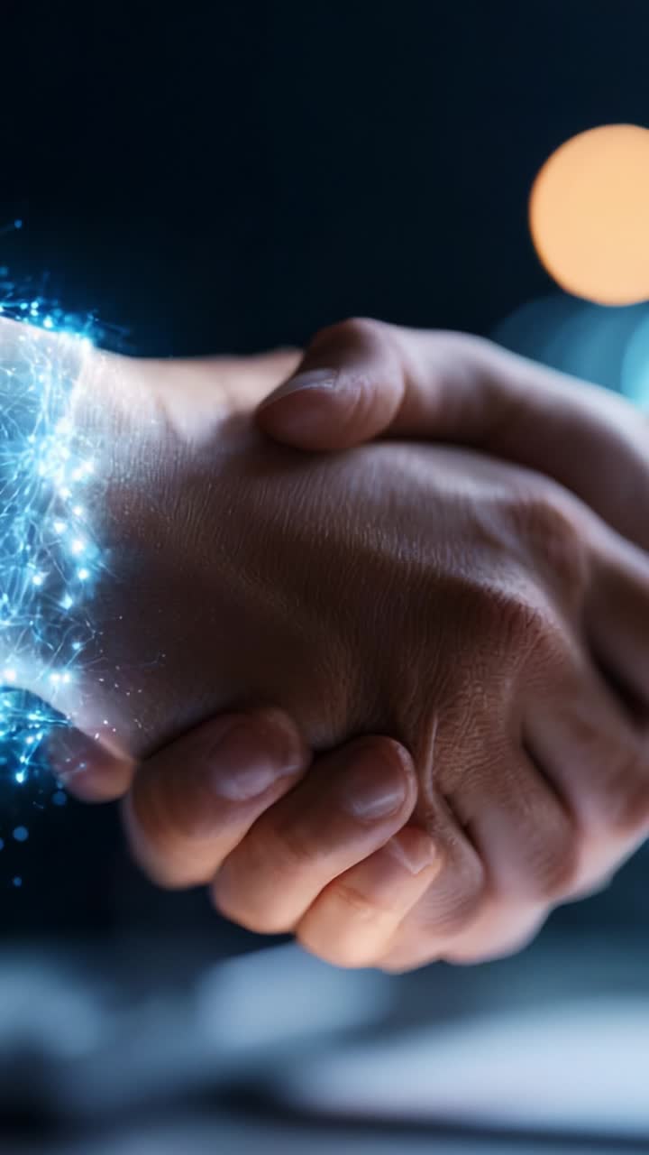 A Dynamic Representation of a Handshake Symbolizing Collaboration, Connection, and Innovation Through Digital Interaction and Technology in Modern Society