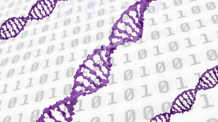 Animation of data processing and dna strand on white background