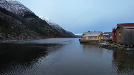 Old-village-Mosjoen,-colorful-Norwegian-traditional-houses-in-Northern-Norway---Scandinavia