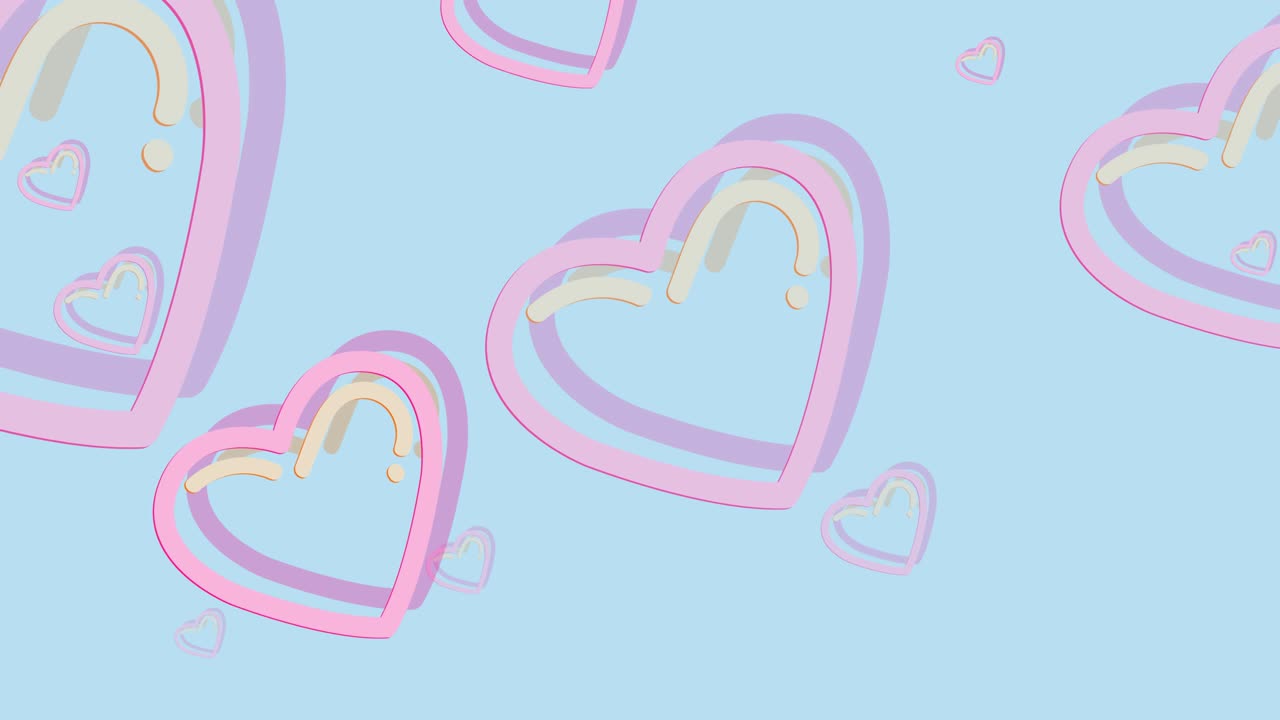 파란색 배경에 분홍색의 날아다니는 심장의 애니메이션