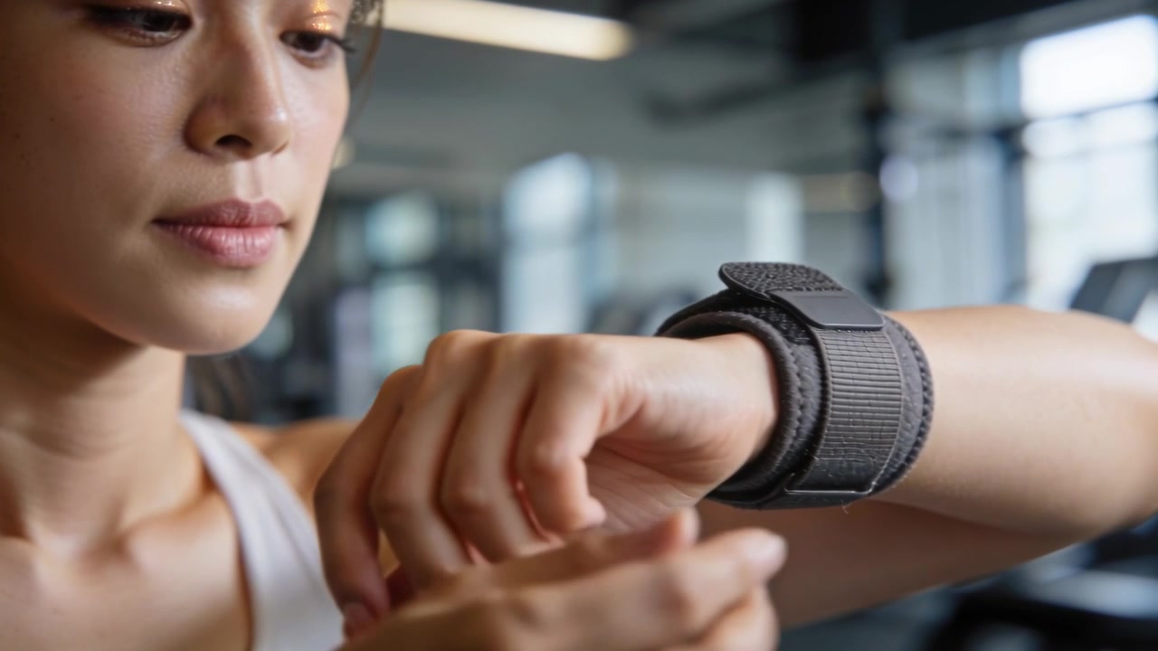 Bringing arm into frame, Asian woman in white sports tank fastening Velcro wrist wrap at gym