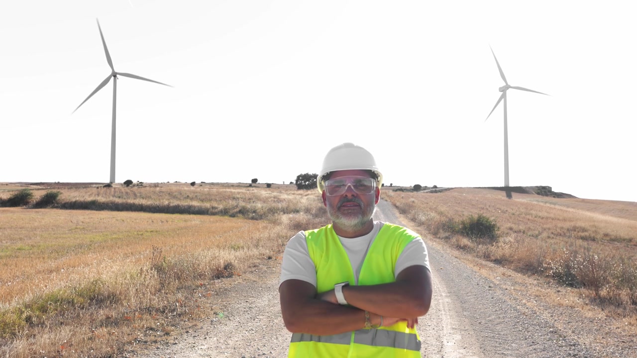 Engineer Wearing Safety Gear Standing at Wind Farm
