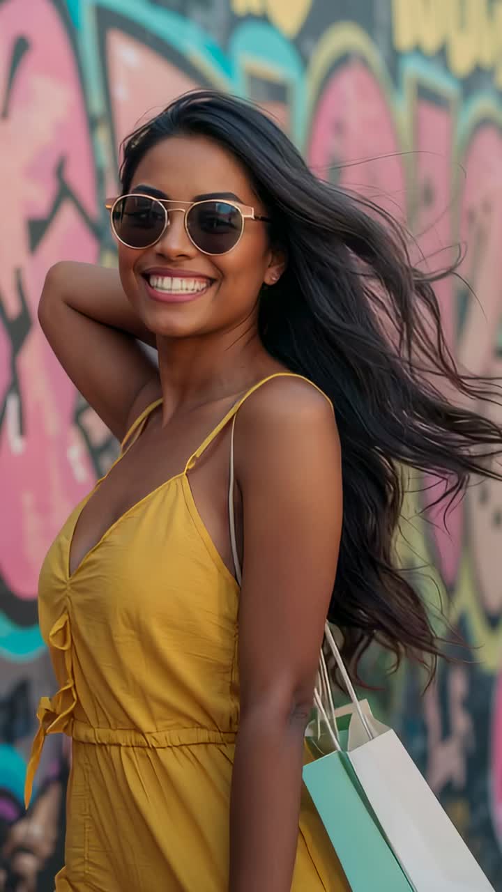 Vertical video: Filming woman in yellow dress walking, posing on street by mural holding bags