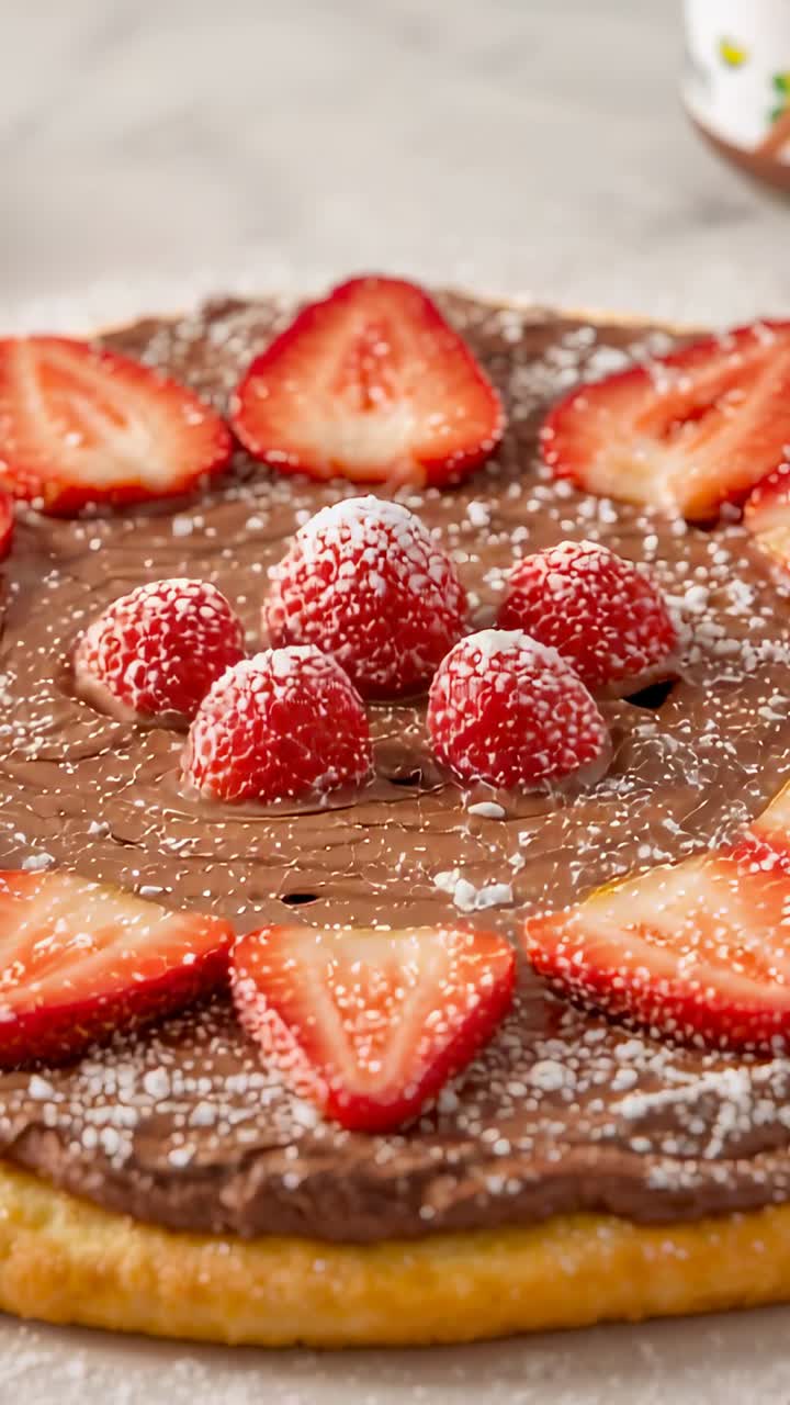 Video verticale: obiettivo con zoom che stringe su una crêpe sul bancone, mostrando cioccolato, lamponi e zucchero