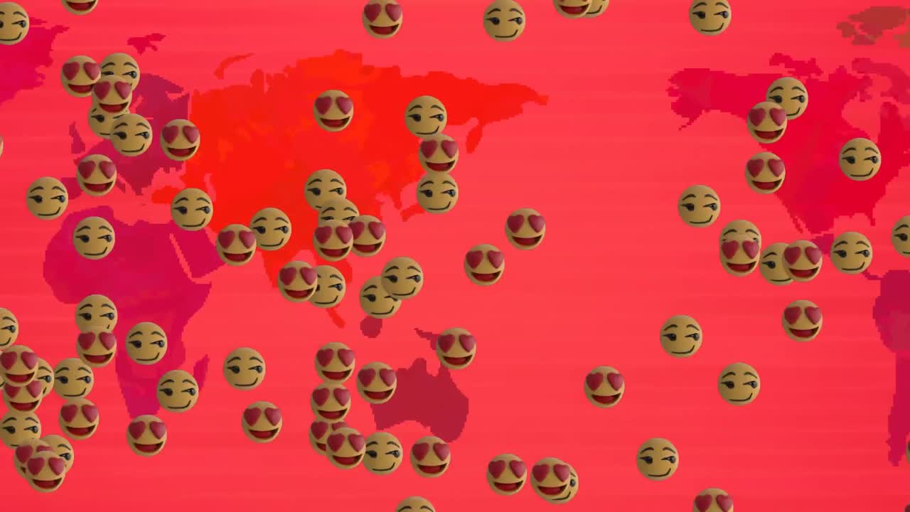 세계 지도 위를 날아다니는 여러 이모티콘의 애니메이션