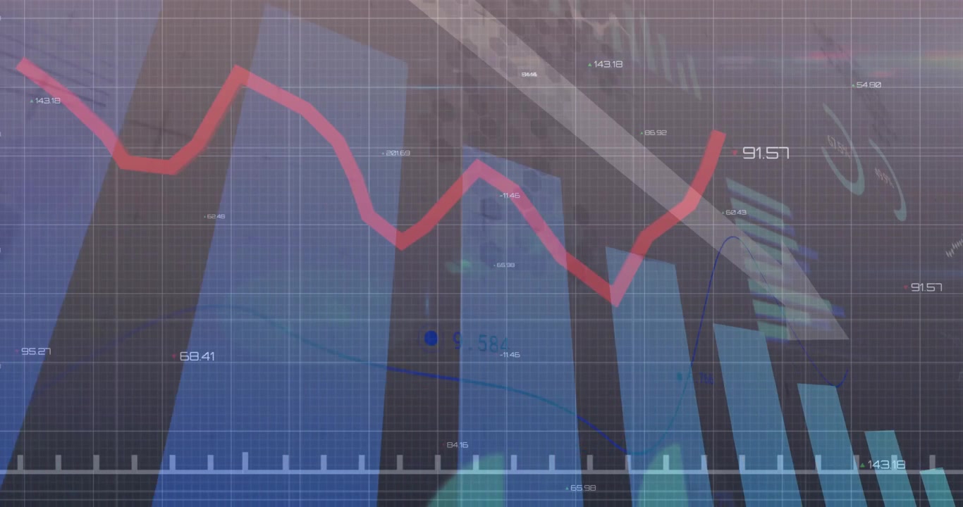 Financial visualization showing rising 3D blue bars and moving red and blue lines with grey arrow