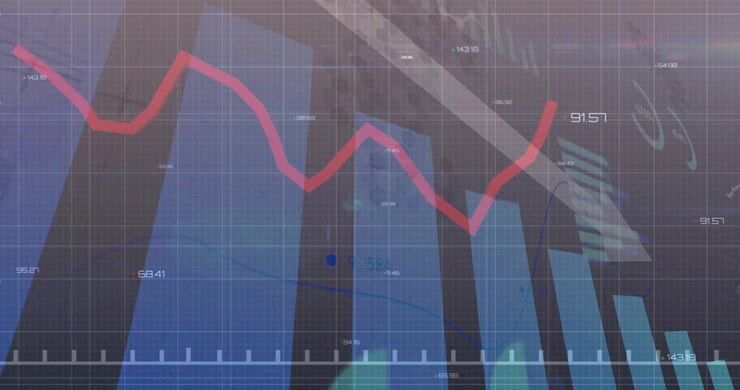 Financial visualization showing rising 3D blue bars and moving red and blue lines with grey arrow