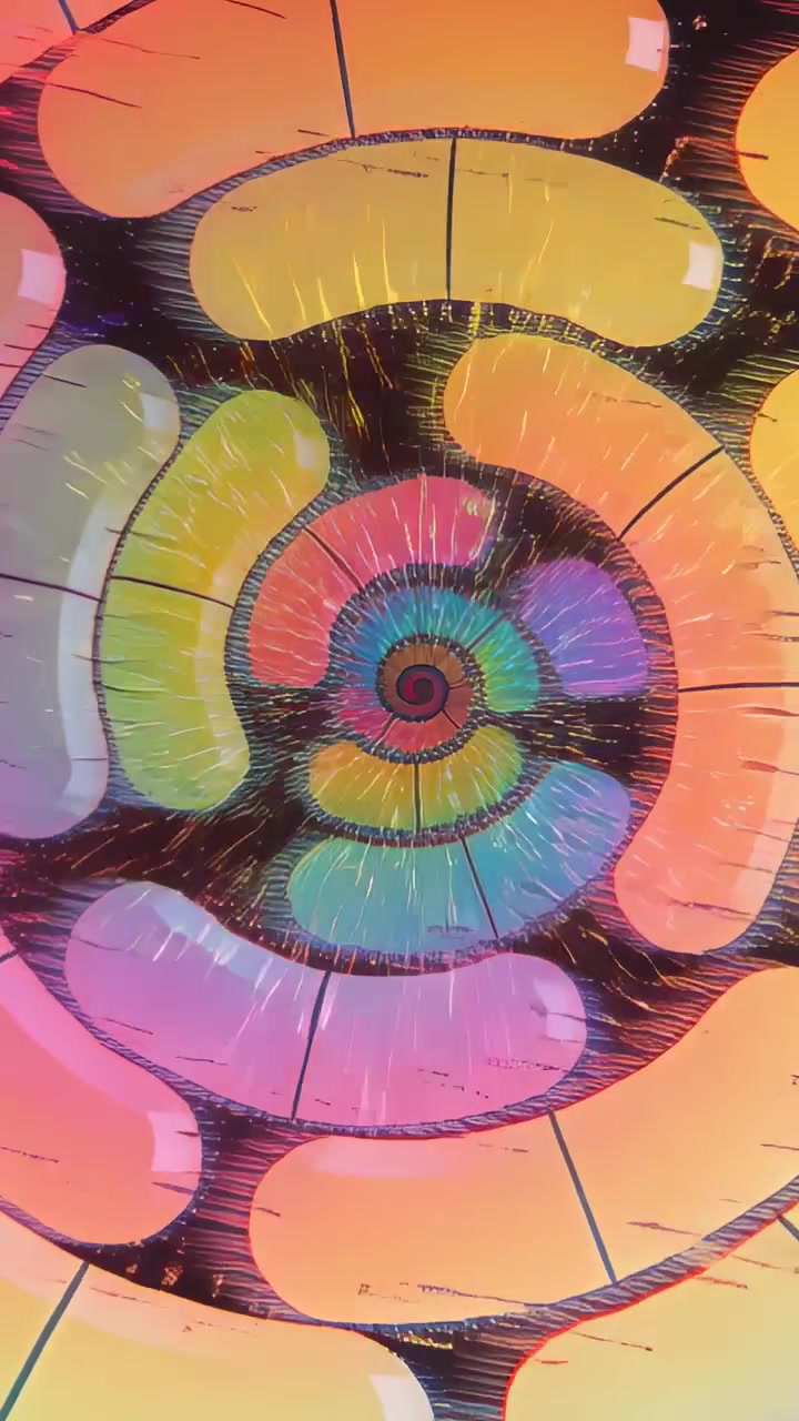 Vertical video: Rotating bold spiral zooming inward on phone screen on play, with core and glitches