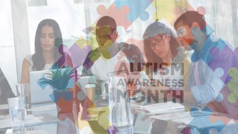 Animation-of-puzzle-and-autism-awareness-month-text-over-diverse-students-working