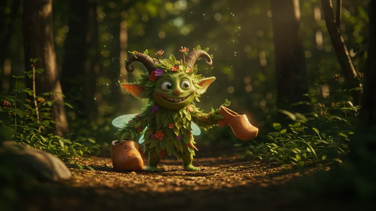 A playful, nature-inspired creature brings joy to the forest, adorned with vibrant flowers and leaves, nurturing its surroundings with cheerful energy and whimsical charm