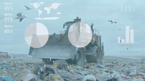 procesamiento de datos financieros contra la excavadora que trabaja en el vertedero con pájaros en el cielo