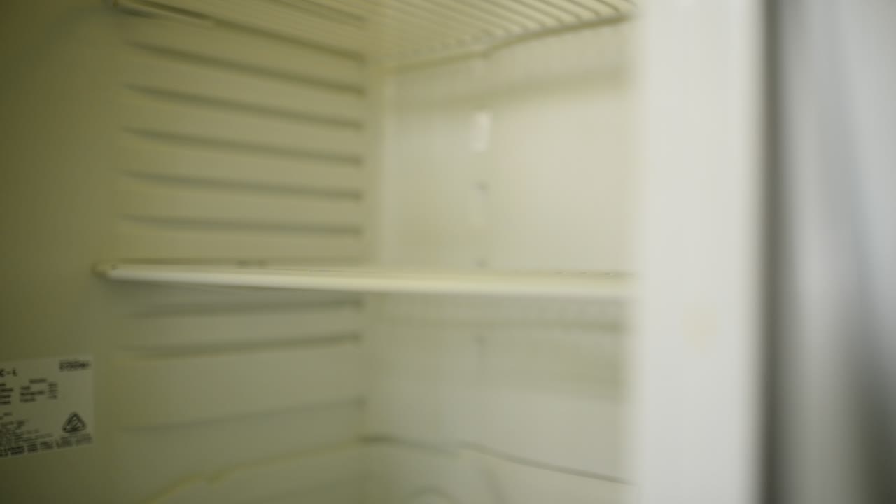 persona que llega al interior de la nevera vacía tomando una pequeña manzana roja