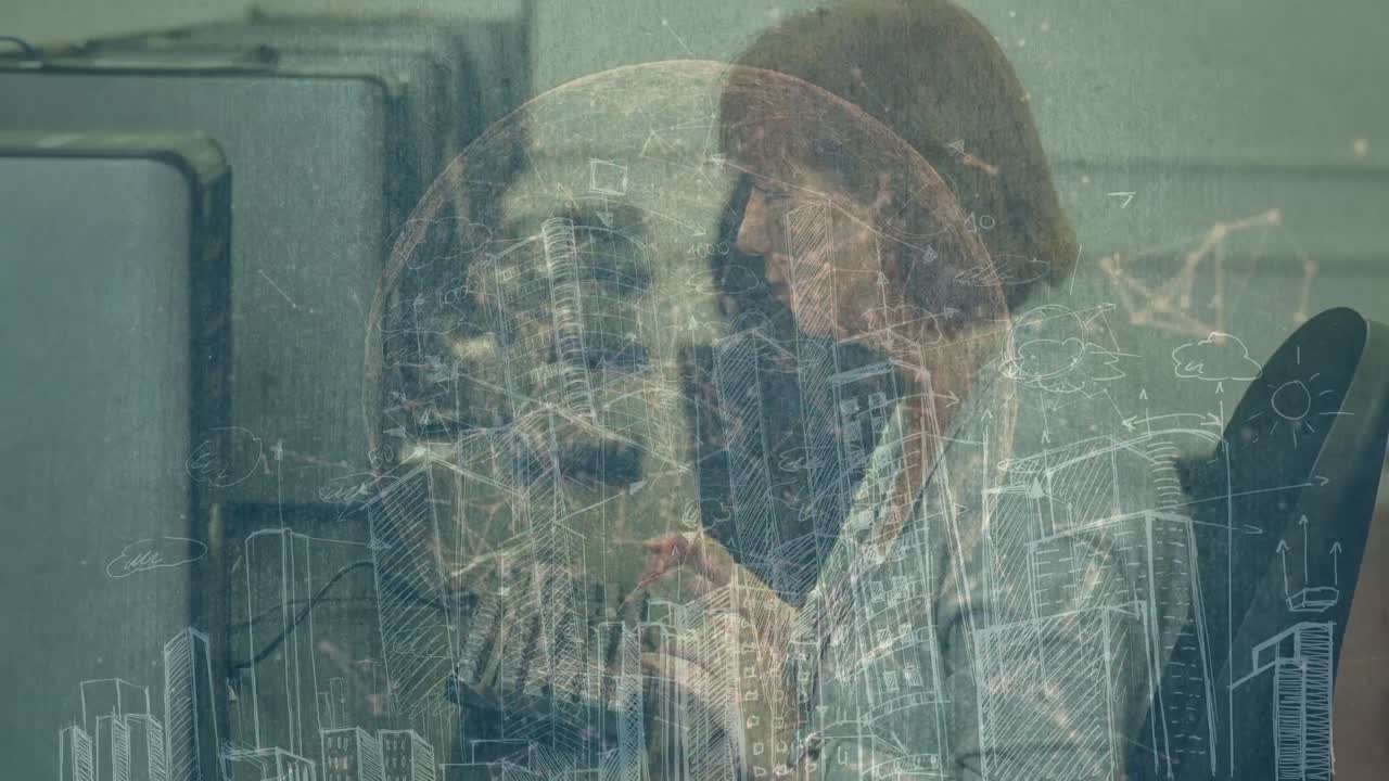 animación de conexiones con el globo sobre maestra caucásica trabajando en la computadora en la escuela