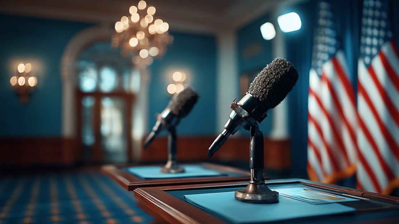 A Set of Podiums Prepared for a Press Conference with Microphones and American Flags in a Brightly Lit Room, Ready for Upcoming Speeches or Announcements