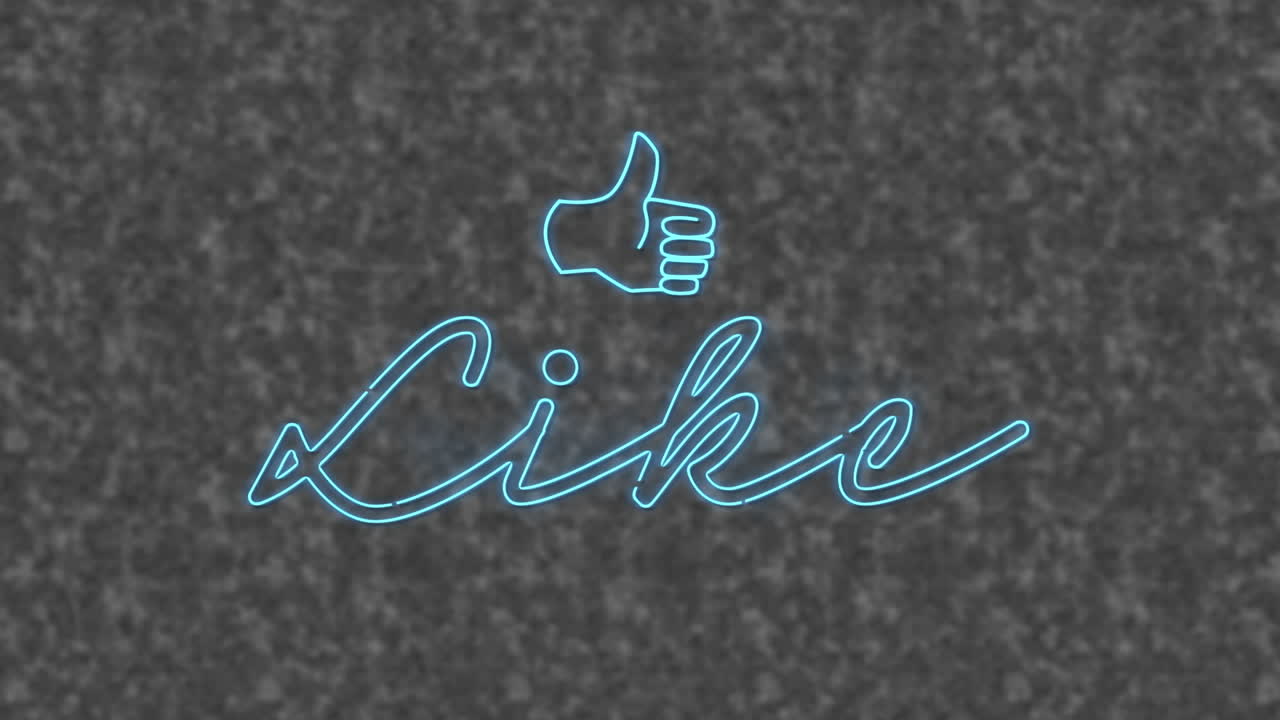 Animation of neon blue like text banner and icon against textured grey background