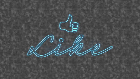 animation of neon blue like text banner and icon against textured grey background