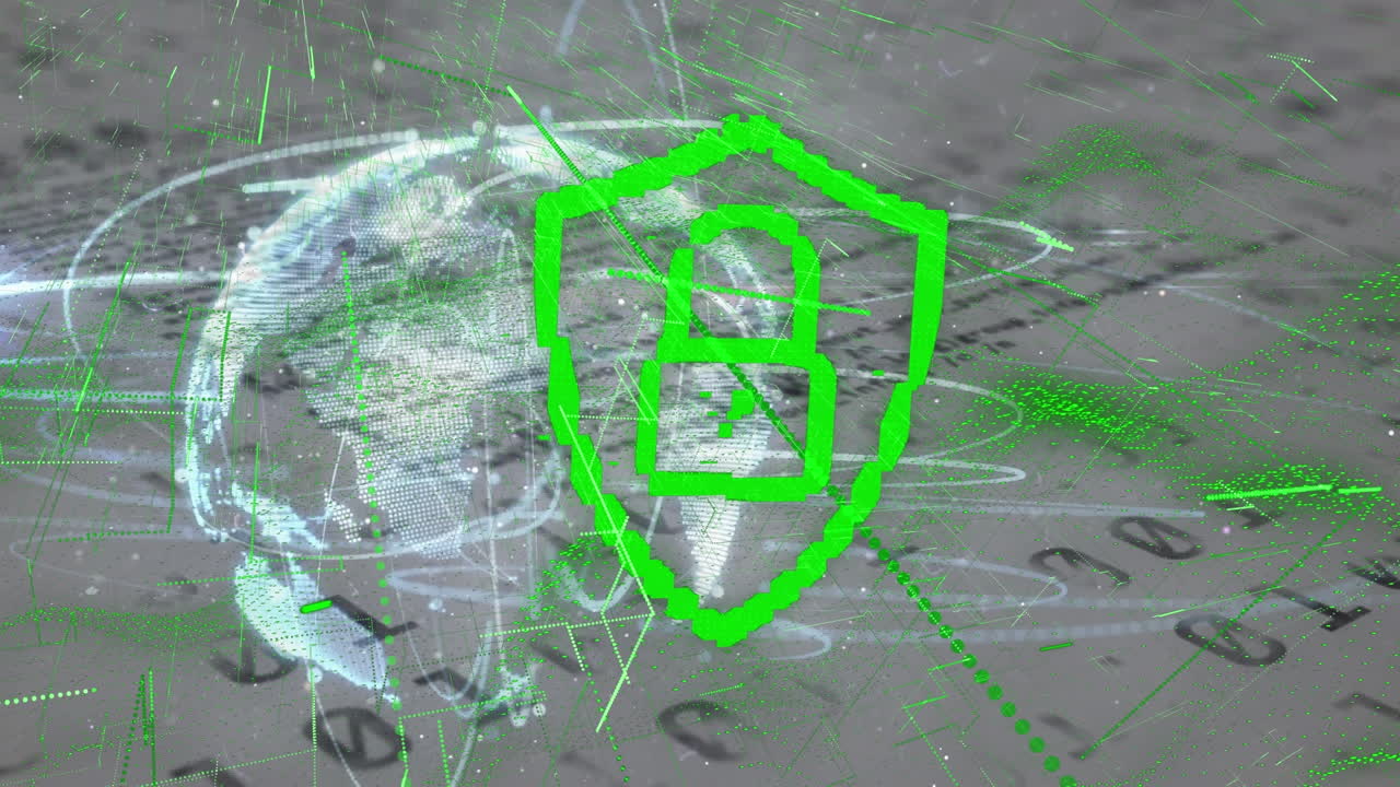 보안 락 아이콘과 세계 (binary coding data processing) 의 애니메이션을 회색 배경으로