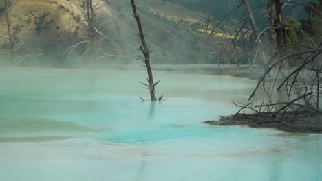 Mammoth-Hot-Springs,-Yellowstone-Nationalpark,-Ein-Blick-Auf-Das-Wunderschöne-Aquamarinblaue-Wasser-Der-Dampfenden-Pools